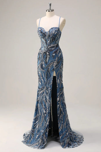 Sparkly Sage Beaded Mermaid Long Formal Dress with Slit