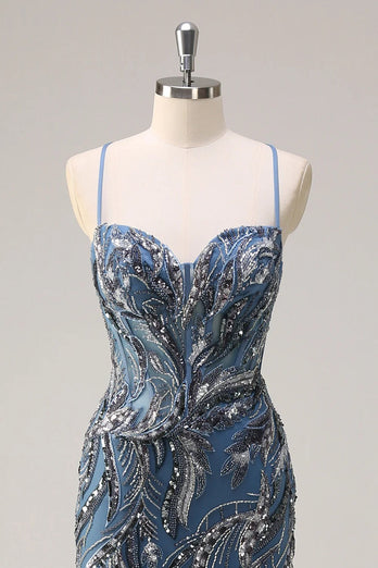 Sparkly Sage Beaded Mermaid Long Formal Dress with Slit