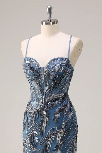 Sparkly Sage Beaded Mermaid Long Formal Dress with Slit