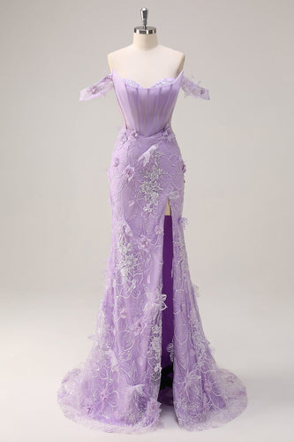 Lilac Mermaid Off the Shoulder Long Corset Formal Dress with 3D Flowers
