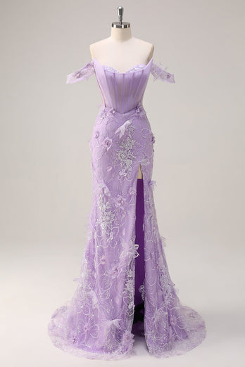 Lilac Mermaid Off the Shoulder Long Corset Formal Dress with 3D Flowers