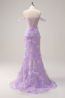 Lilac Mermaid Off the Shoulder Long Corset Formal Dress with 3D Flowers