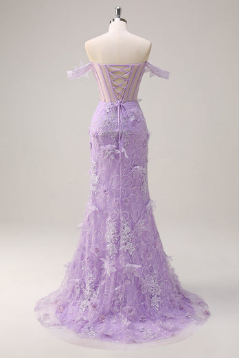 Lilac Mermaid Off the Shoulder Long Corset Formal Dress with 3D Flowers