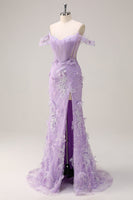 Load image into Gallery viewer, Lilac Mermaid Off the Shoulder Long Corset Formal Dress with 3D Flowers