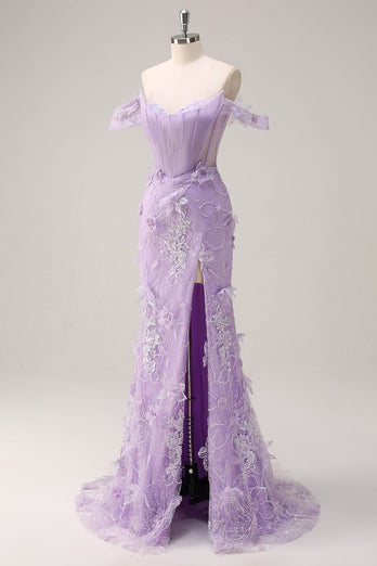 Lilac Mermaid Off the Shoulder Long Corset Formal Dress with 3D Flowers