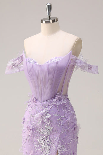 Lilac Mermaid Off the Shoulder Long Corset Formal Dress with 3D Flowers