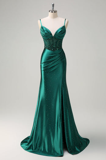 Dark Green Satin Mermaid Spaghetti Straps Corset Formal Dress with Slit