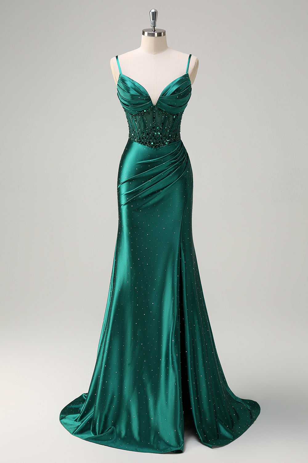 Dark Green Satin Mermaid Spaghetti Straps Corset Formal Dress with Slit