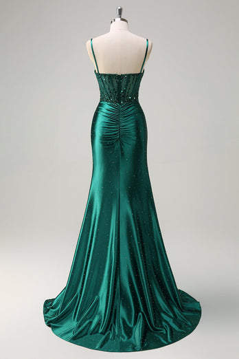Dark Green Satin Mermaid Spaghetti Straps Corset Formal Dress with Slit