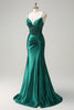 Load image into Gallery viewer, Dark Green Satin Mermaid Spaghetti Straps Corset Formal Dress with Slit