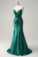 Load image into Gallery viewer, Dark Green Satin Mermaid Spaghetti Straps Corset Formal Dress with Slit