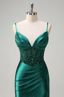 Load image into Gallery viewer, Dark Green Satin Mermaid Spaghetti Straps Corset Formal Dress with Slit