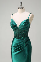 Load image into Gallery viewer, Dark Green Satin Mermaid Spaghetti Straps Corset Formal Dress with Slit