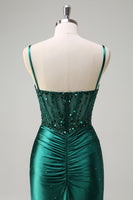 Load image into Gallery viewer, Dark Green Satin Mermaid Spaghetti Straps Corset Formal Dress with Slit