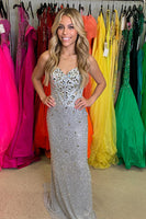 Load image into Gallery viewer, Sparkly Silver Sweetheart Sequin Mermaid Corset Formal Dress