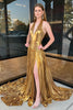 Load image into Gallery viewer, Gold Metallic Pleated Long A-Line Formal Dress with Slit