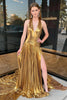 Load image into Gallery viewer, Gold Metallic Pleated Long A-Line Formal Dress with Slit