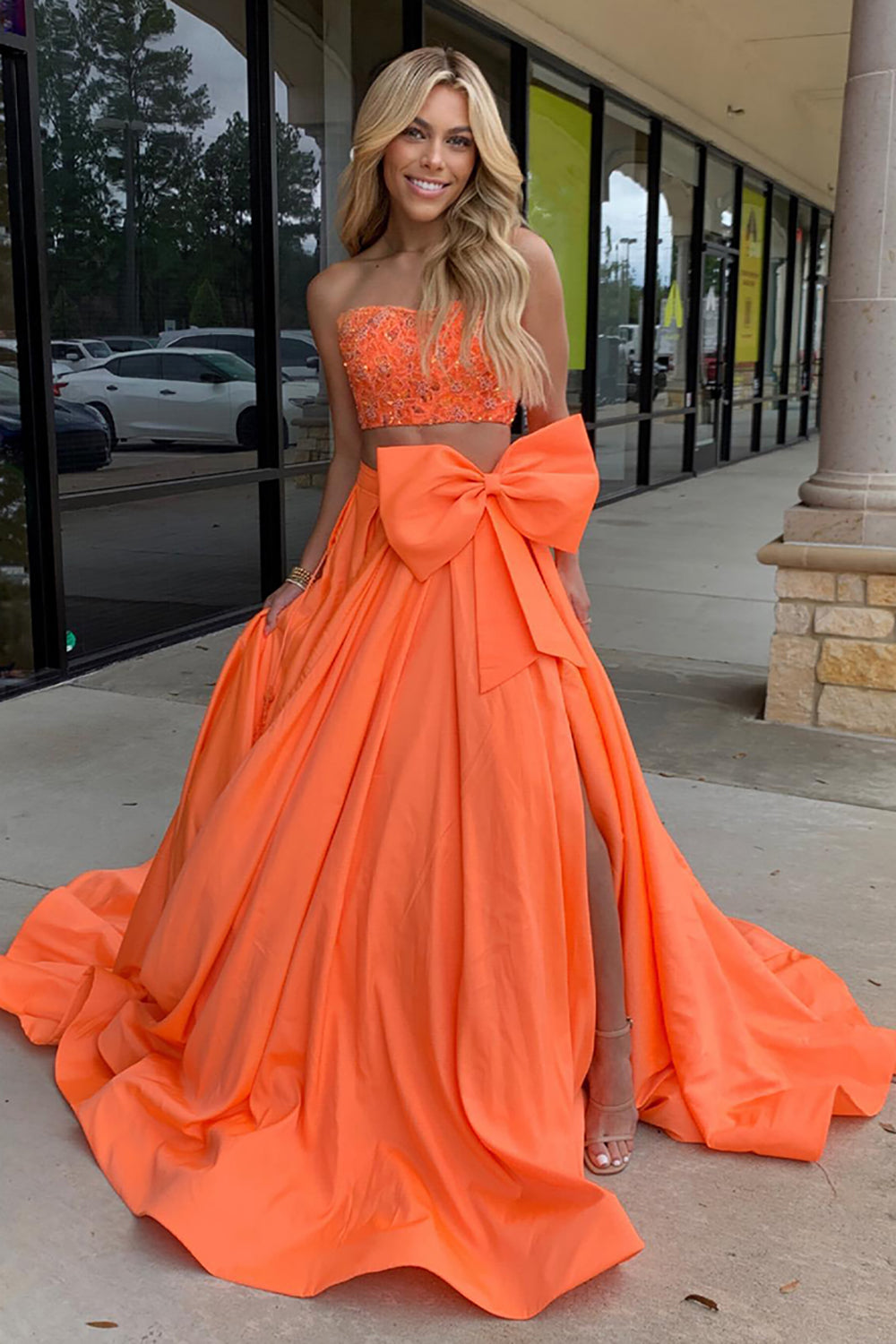 Orange Satin Two Piece A Line Long Formal Dress with Bow
