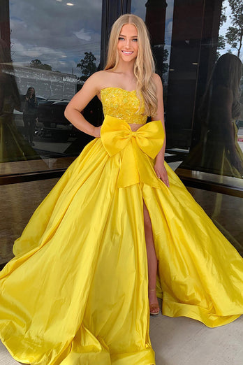 Orange Satin Two Piece A Line Long Formal Dress with Bow