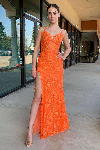 Orange Lace Sheath Long Corset Formal Dress with Slit