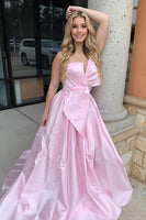 Load image into Gallery viewer, Pink Satin A Line Long Formal Dress with Slit