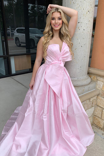 Pink Satin A Line Long Formal Dress with Slit