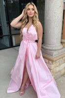 Load image into Gallery viewer, Pink Satin A Line Long Formal Dress with Slit