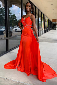 Orange Halter Satin Sheath Long Formal Dress with Cape