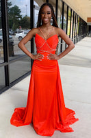 Load image into Gallery viewer, Orange Halter Satin Sheath Long Formal Dress with Cape