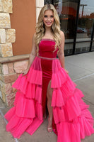 Load image into Gallery viewer, Fuchsia Strapless Mermaid Long Formal Dress with Cape