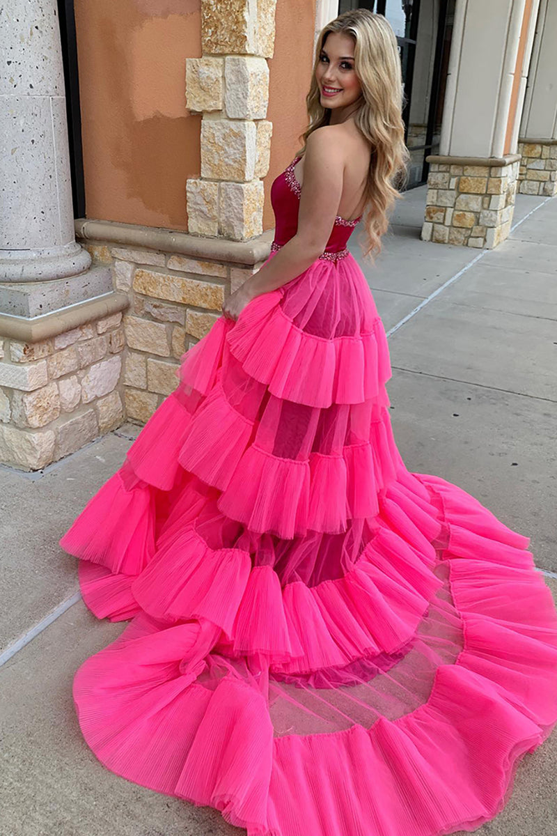 Load image into Gallery viewer, Fuchsia Strapless Mermaid Long Formal Dress with Cape