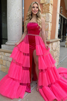 Load image into Gallery viewer, Fuchsia Strapless Mermaid Long Formal Dress with Cape
