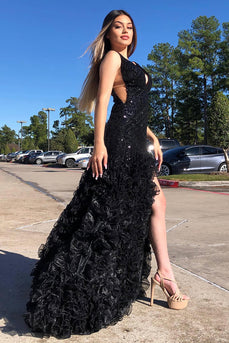 Sparkly Black V-neck Ruffled Formal Dress with Slit