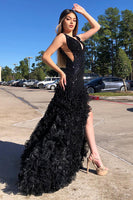 Load image into Gallery viewer, Sparkly Black V-neck Ruffled Formal Dress with Slit