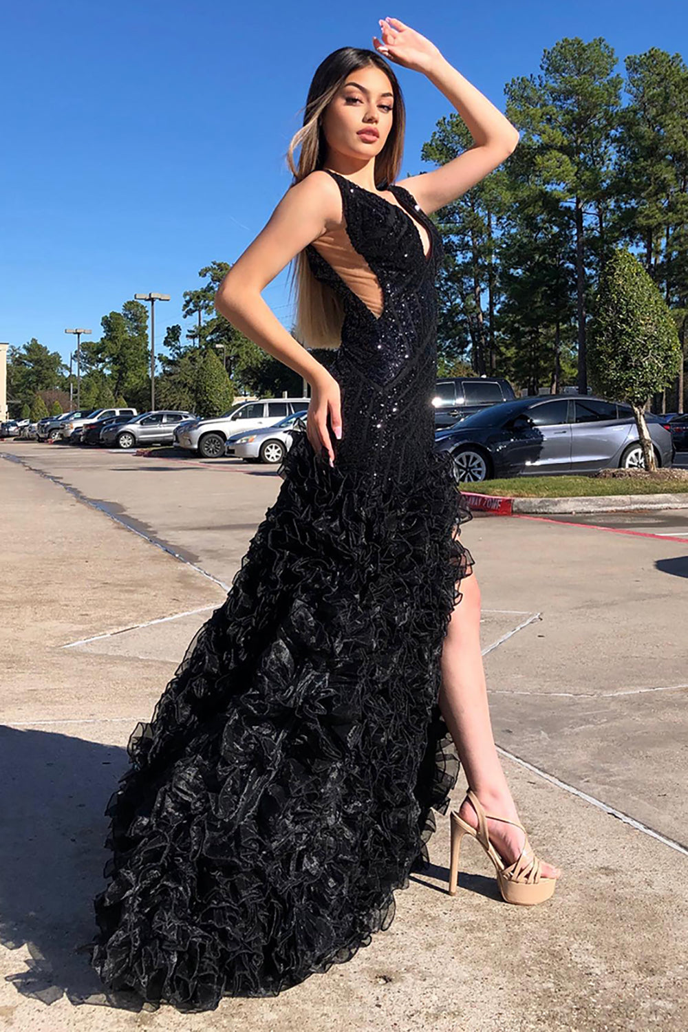 Sparkly Black V-neck Ruffled Formal Dress with Slit