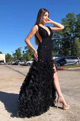 Sparkly Black V-neck Ruffled Formal Dress with Slit