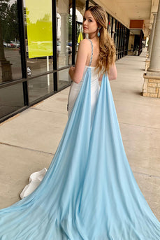 White Spaghetti Straps Satin Mermaid Long Formal Dress with Slit