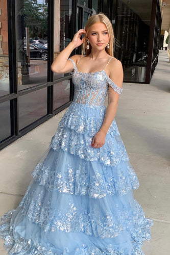 Sparkly Light Blue Tiered Corset Tulle Long Formal Dress with Sequins