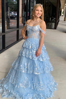 Load image into Gallery viewer, Sparkly Light Blue Tiered Corset Tulle Long Formal Dress with Sequins