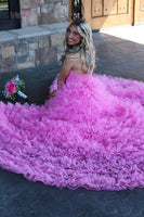 Load image into Gallery viewer, Fuchsia Floral Sweetheart Tiered A Line Long Formal Dress with Slit