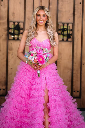 Fuchsia Floral Sweetheart Tiered A Line Long Formal Dress with Slit