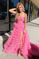 Load image into Gallery viewer, Fuchsia Floral Sweetheart Tiered A Line Long Formal Dress with Slit