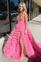 Load image into Gallery viewer, Fuchsia Floral Sweetheart Tiered A Line Long Formal Dress with Slit