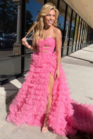 Load image into Gallery viewer, Fuchsia Floral Sweetheart Tiered A Line Long Formal Dress with Slit