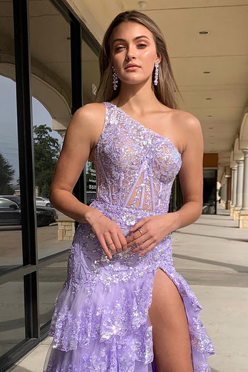 Sparkly Lilac Tulle Tiered A-Line Long Formal Dress with Sequins