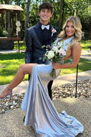 Load image into Gallery viewer, Grey Satin Halter Long Mermaid Formal Dress with Slit