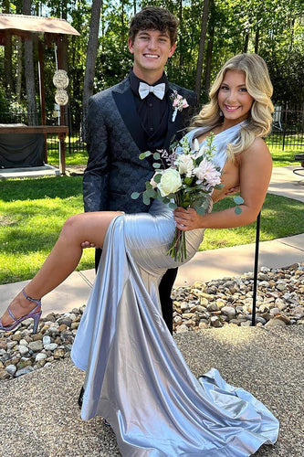 Grey Satin Halter Long Mermaid Formal Dress with Slit