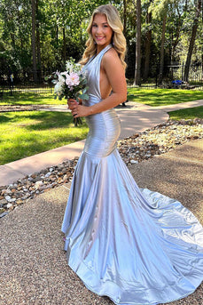 Grey Satin Halter Long Mermaid Formal Dress with Slit