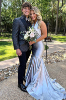 Load image into Gallery viewer, Grey Satin Halter Long Mermaid Formal Dress with Slit