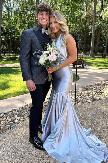 Grey Satin Halter Long Mermaid Formal Dress with Slit